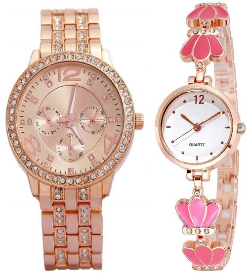 Blutech Analog Rose Gold Dial Rose Gold Strap Watch For Girls (Pack Of 2)