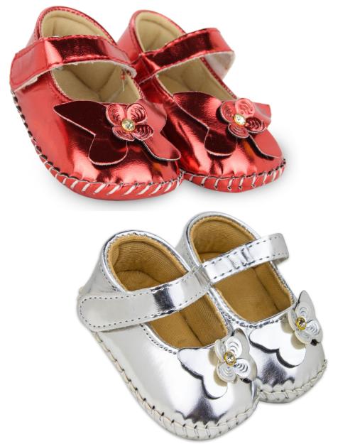 Neska Moda Set Of 2 Pair Baby Girls Hook & Loop Synthetic Leather Belly Sandal/Booties For 6 To 12 Months(Silver,Red)-BT1208andBT1471