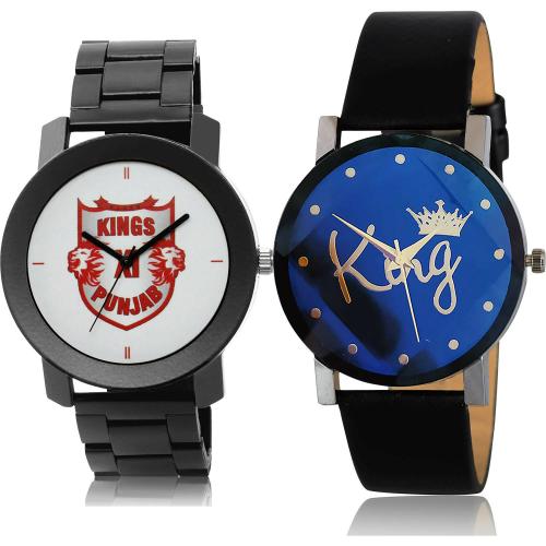 GROOT Modern Wrist Punjab Lions Squad (Pbks) Ipl Chain And King Black Colour Analog Metal And Genuine Leather Belt 2 Watch Combo For Boys And Men - IPL14-BC29