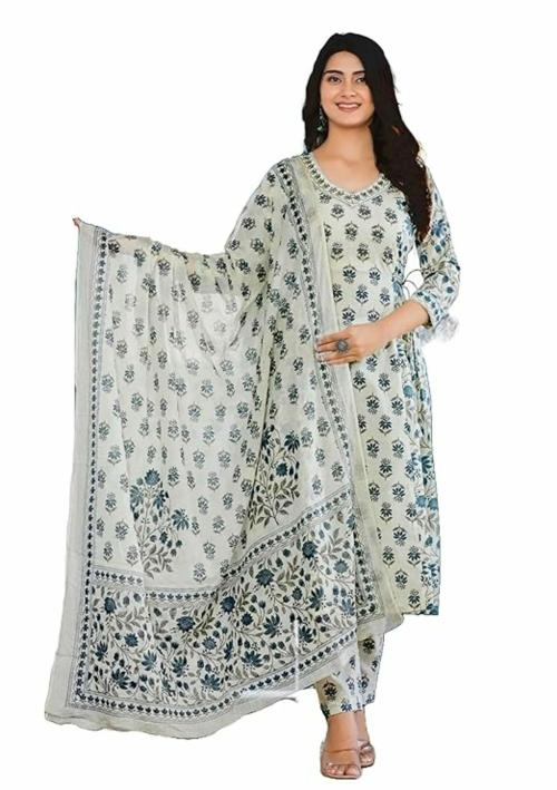 GOPIPREM Womens Blue Cotton Kurta and Pants with Dupatta Set K281 ( XL )