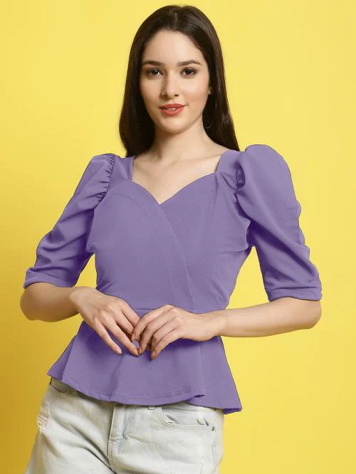 Fabflee Sweetheart Neck Puff Sleeves Peplum Top (Women Top | Women Tops | Top)