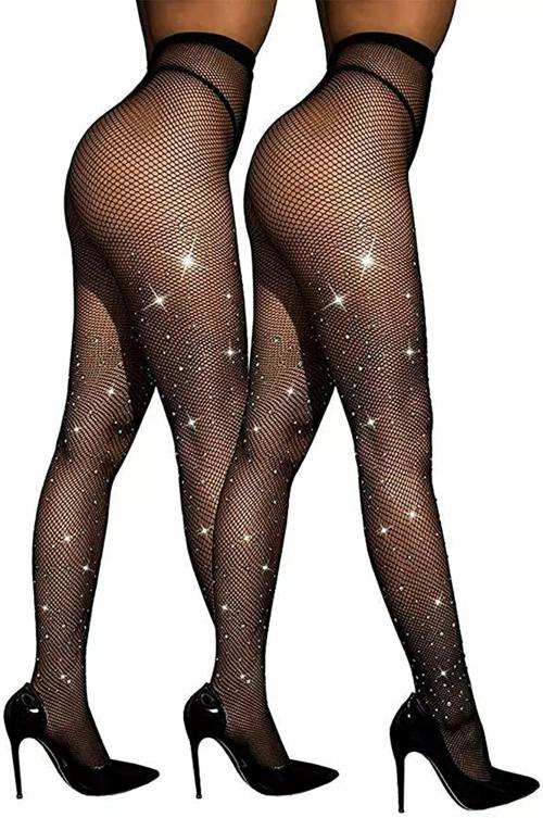 ogimi - ohh Give me Fishnet Stockings Rhinestone High Waist Sparkly Tights for Women (Pack of 2)