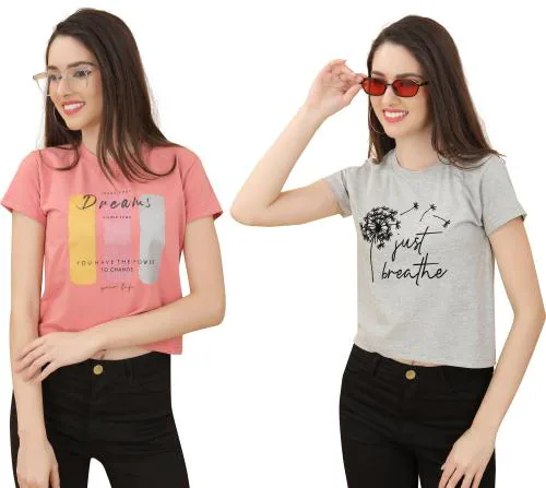 Tween Trends Graphic Print Women Round Neck Pink, Grey T-Shirt - M