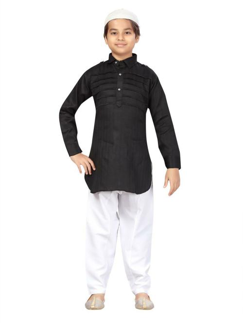 Little Mafia By Aarika Boys Black-White Color Pathani Kurta Pyjama with Cap Set