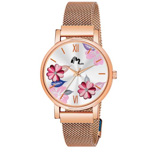 FM213-Pink Flower Design Dial Magnetic Belt Analog Watch - For Girls