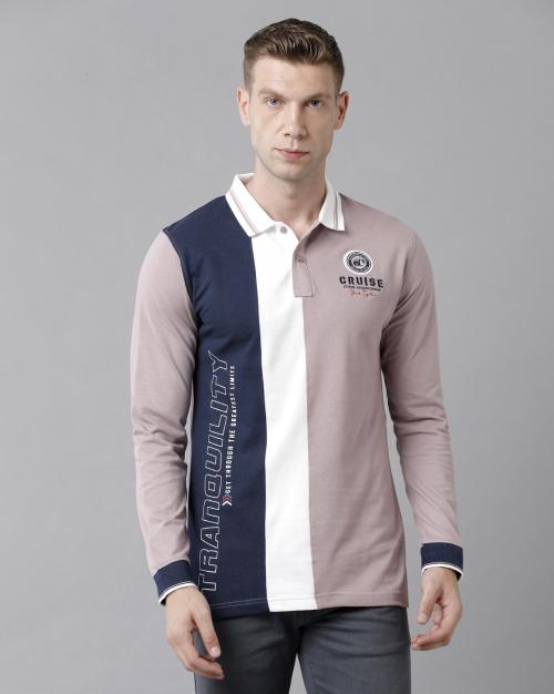 CP BRO Men's Purple Colorblock Full Sleeve Slim Fit Cotton Polo Neck T-shirt