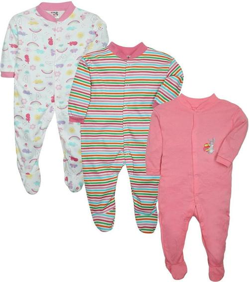 Tiniberry Baby Boys and Girls Baby Pink Striped, Printed Cotton Blend Pack of 3 Romper 12-18 MONTHS| Rompers |Sleepsuits | Jumpsuit |Body suits