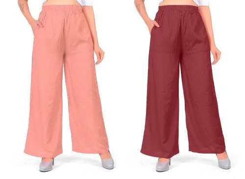 MEVABA Rayon viscose Palazzo pants for women by LIVA || Premium quality comfortable wide leg summer palazzo || Light weight breathable fabric (Pack of 2)