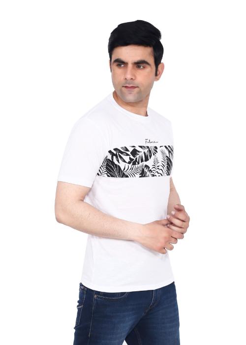 VIBRANCE Men White Flowral Printed Round Neck Pure Cotton T-shirt (L)