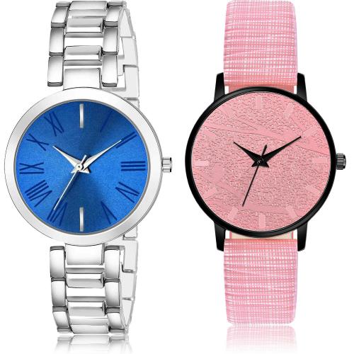 NEUTRON Latest Gift Simple Chain And Embossed Designer Dial Silver And Pink Colour Analog Metal And Genuine Leather Belt 2 Watch Combo For Women And Girls - G602-GM328