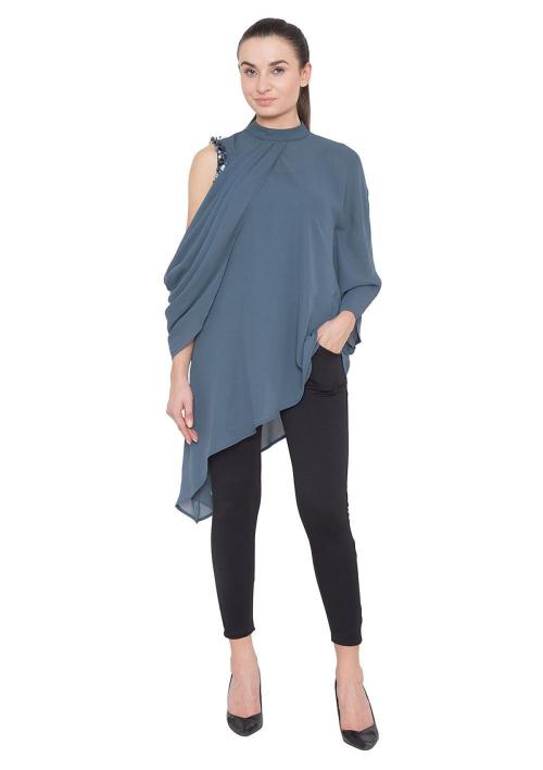 Taggd Women Cerpe Ex Grey Cowl Tunic Indie Solid Top For Women/Girls Western Office/Birthday Party Wear Size M