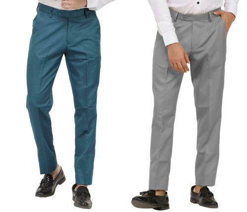 KUNDAN Men's Poly-Viscose Blended Morpich Blue & Light Cot Grey Pack of 2 Formal Trousers