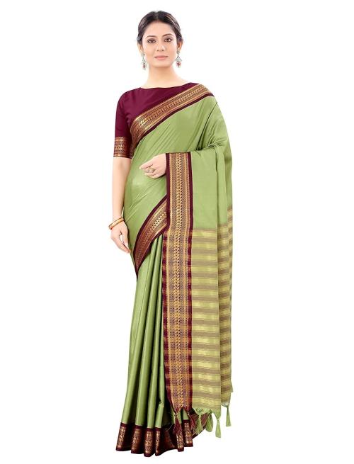Traditional cotton silk zari weaving saree with tussle work (PLV-PISTABRON)