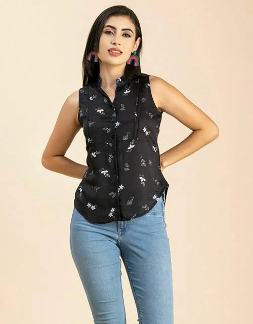 Moomaya Women's Printed Sleeveless Top, Mandarin Collar Shirt Top