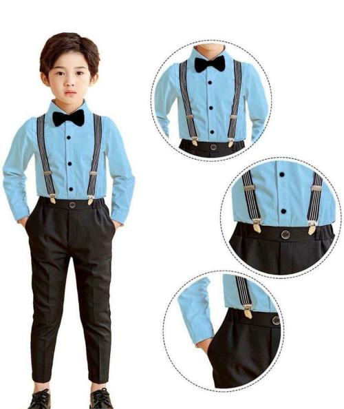 Froquiliz Boys Party Wear Shirt Pant, Bow Tie, Suspenders Dungaree Light Blue 18-24 M