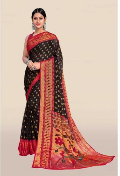 Achira Tex Women Red, Blue Printed, Self Design Brasso, Chiffon Paithani Saree