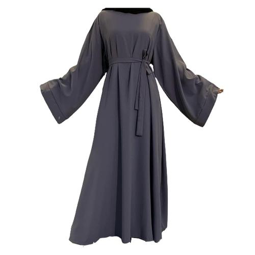 Barakath Dubai Long Muslim Women Islamic Dresses Plain Simple Abaya With Belt Style_Grey_XL
