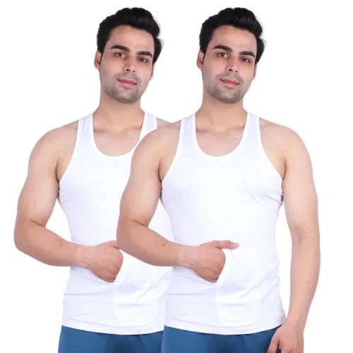 Spenca Men Cotton White Pocket Sleeveless Vest