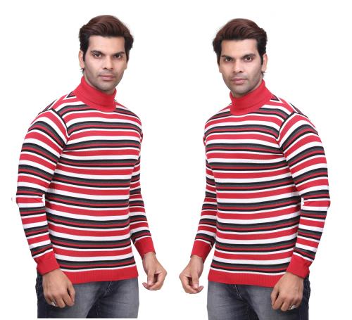 STAR COTTON Men Knitted Red High Neck Red Cotton T-Shirt Full Sleeve Striped Regular Fit _XL (Pack of 2)