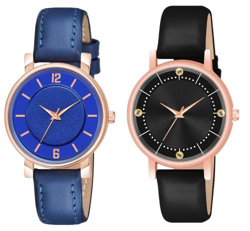 KIARVI GALLERY Analog New Attractive 4 Poit Dial Combo Stylish premium Leather Strap Watch For Girls and Women (Pack of -2,Blue-Black )