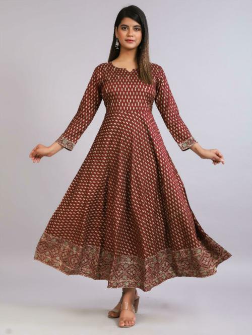 AO SERVICES Women Brown Rayon Floral Kurta