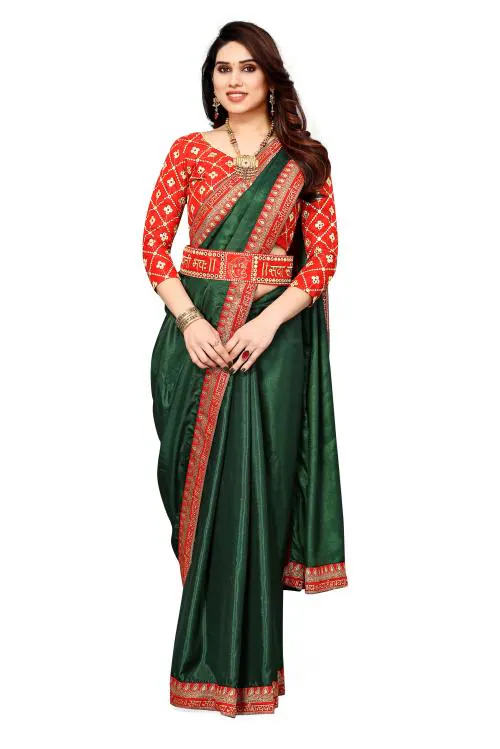 Sadika Women's Solid Plain Latest Trending Sada Saubhagyavati Bhava Lace Dola Silk Saree With Sequance Embroidery Mirror Work Blouse With Saree Belt
