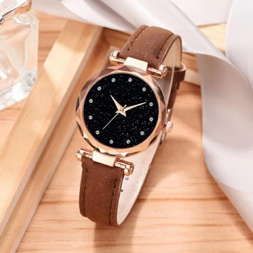 ILOZ Cut Glass Brown Leather Strap ladies Analog Girls Watch Analog Watch - For Women New Collection Stylish Latest Designer Black Fashion wrist watch women Analog Watch - For Women
