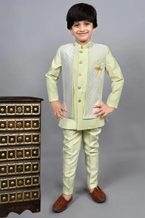 Ahhaaaa Kids Ethnic Silk Blend Zari Work Indo-Western Sherwani Set for Boys