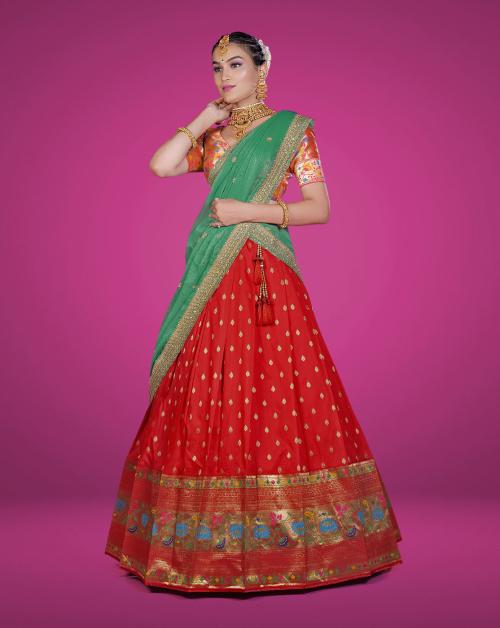 HALFSAREE STUDIO Red Banarasi silk Zari work Lehenga with Dupatta