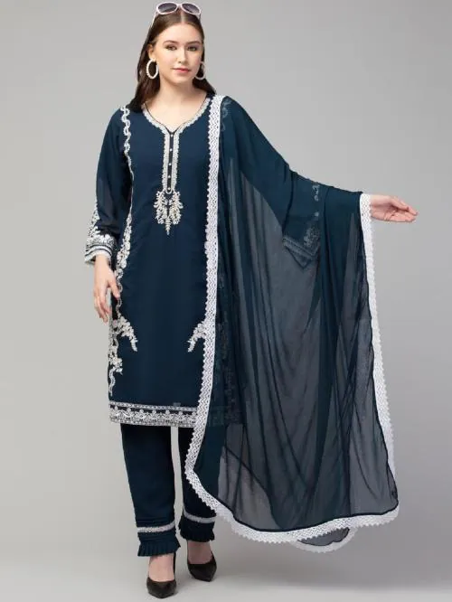 Mastan Fashion Women's V-Neck Georgette Thread Embroidery Straight Kurta with Pant & Dupatta Ethnic Set (Teal Blue, 3XL)