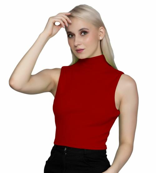 AD2CART A1749 Women's Red Basic Solid High Neck Sleeveless Stretchable Ribbed Crop Top for Women Stylish Western