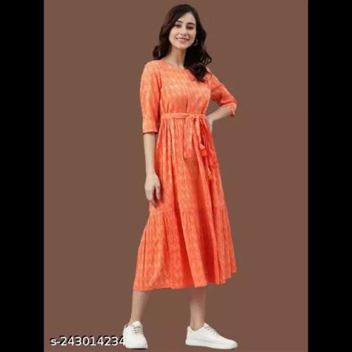 Meraaki Fashion Cotton Printed Stylish Orange Kurti Dress For Women/Girls