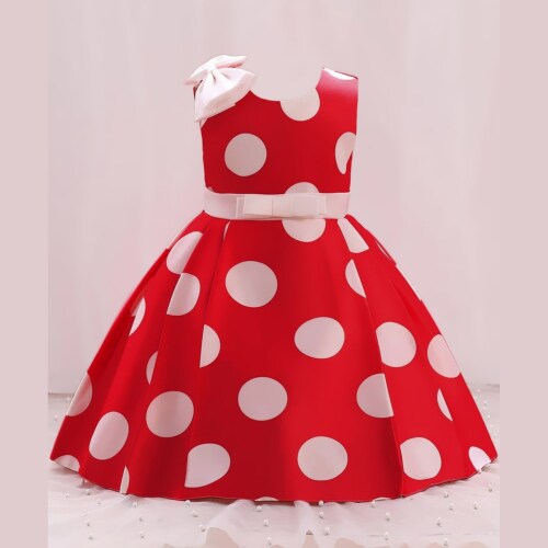 Buy & Try Girl's Satin Polka Dot Printed Knee Length Sleeve Less Short Frock Dress. Maroon