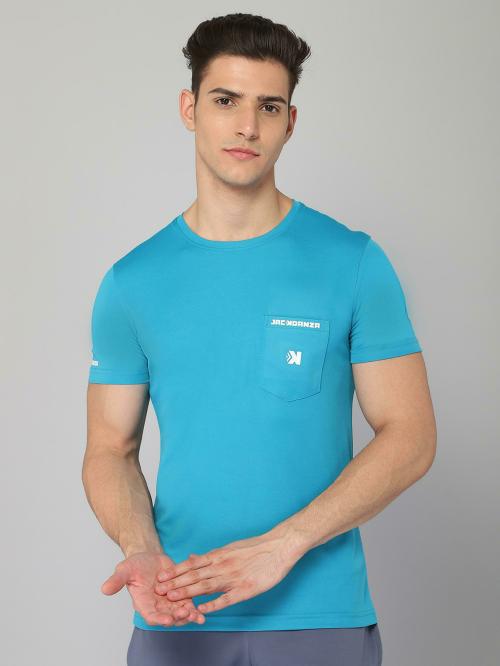 JACKDANZA Men Blue Solid Polyester Round Tshirts (M)
