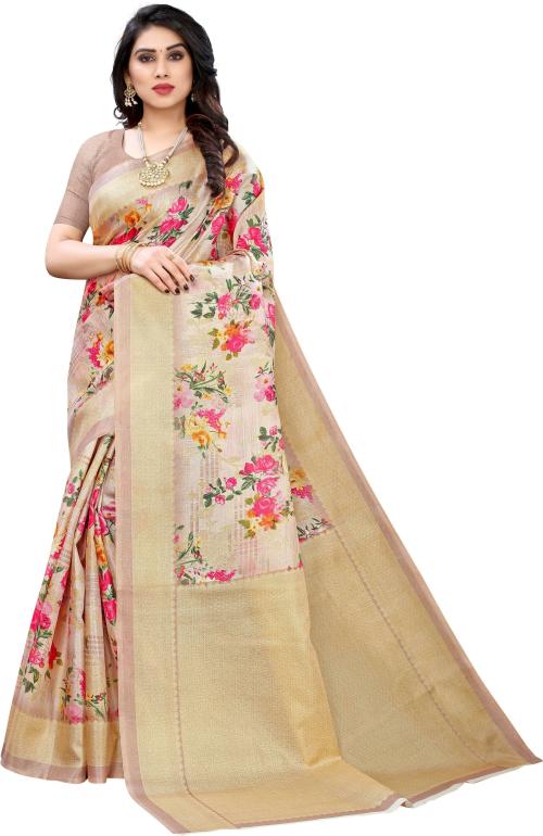Fabwomen Women Beige Printed Pure Silk Single Saree With Blouse Pice | saree| saree for women| sarees| Sarees latest | sari