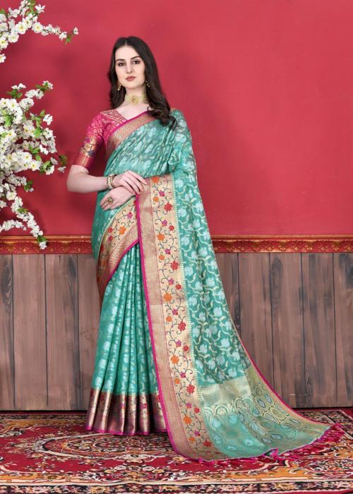 Fospy Women Light Blue Pure Silk Self Design Bollywood Saree