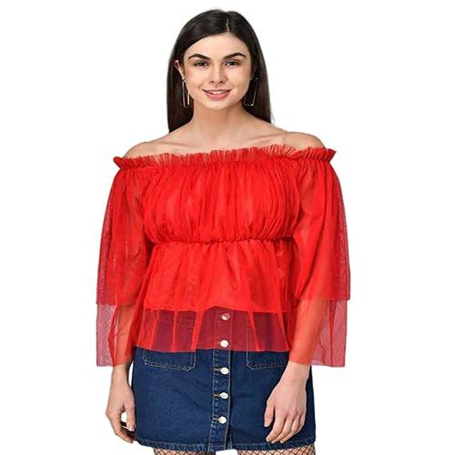 RICHAURA Women's Off Shoulder Net Top | top for womens-Red Colour(Size- S)