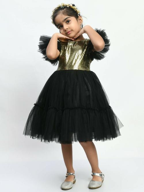 Bella Moda Satin Round Neck Party Wear Fit And Flair Solid Sleeveless Girls Dress Comes With Hairband Black