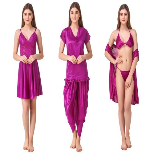 Romaisa Women's Satin Solid Above Knee Length Babydoll, Short Robe with Lingerie Set, Top with Pyjama (SP658-329_Magenta_Free Size) (Pack of 6)