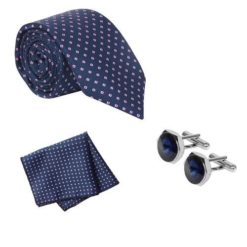 TIE STUDIO Men Blue Microfiber Necktie with Pocket Square and Cufflinks