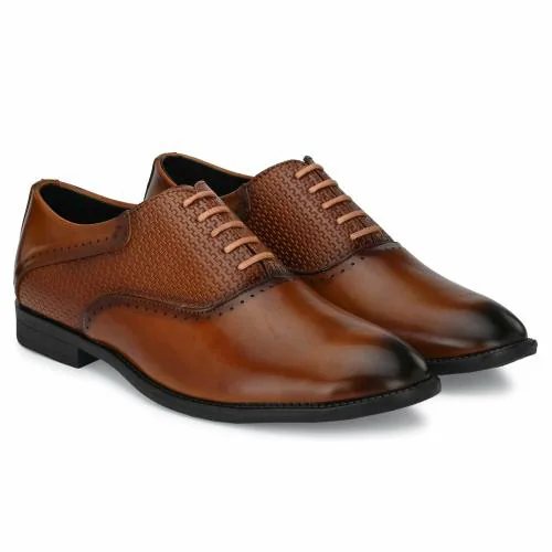 HABBITUS FASHION Premium Oxford Synthetic Leather Plain Formal Laceup Derby Shoes With Semi Chatai Design For Men (Tan)
