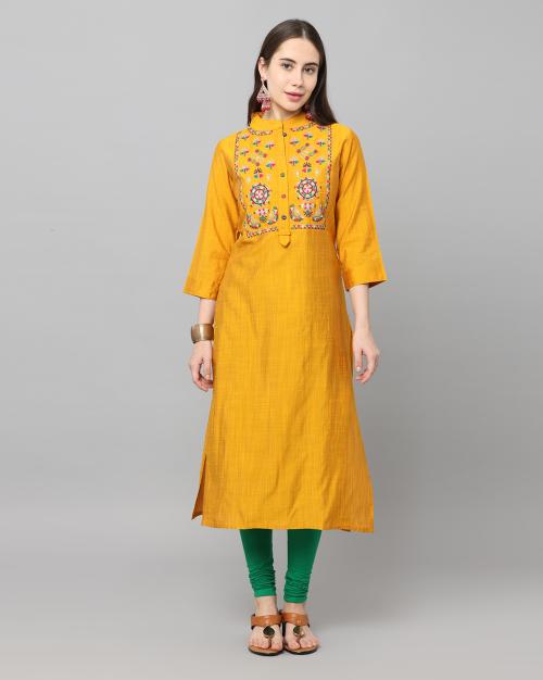 BRASS BADGE Women embroidery ethnic kurti Yellow Colour M Size | Yellow Colour | M Size | Regular Fit Kurtas | Knee Length | Straight Kurta | 100% Cotton Fabric | Solid Kurtas
