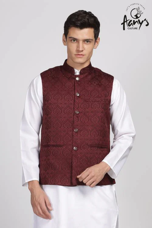 Aany's Culture Maroon Floral Pattern Polyester Wedding Nehru Jacket (Koti) M