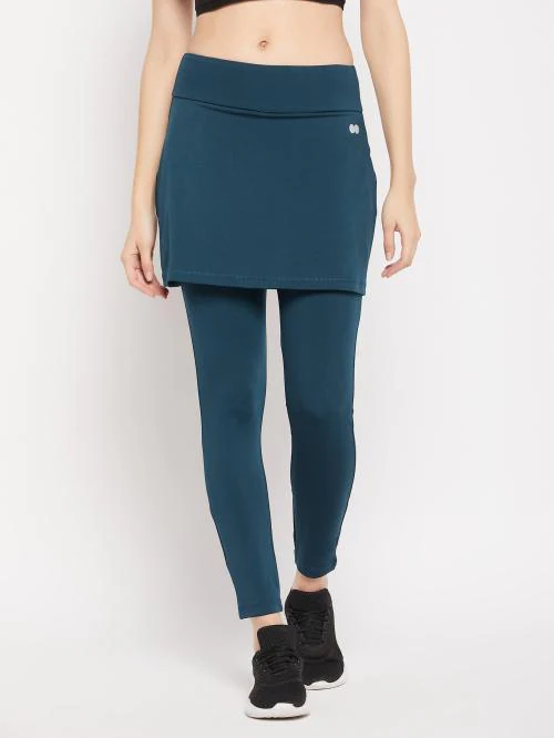 Clovia Snug-Fit High Rise Active Skirt with Attached Tights in Teal Blue
