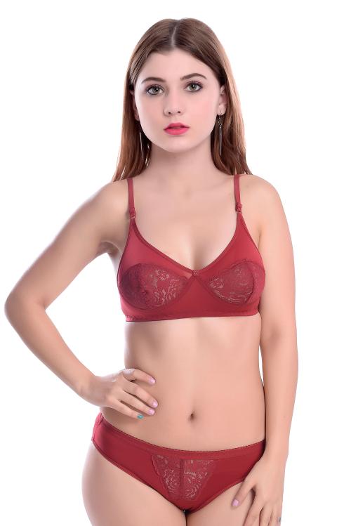 Women Net Bra Panty Set for Lingerie Set ( Pack of 1 ) ( Color : Maroon )