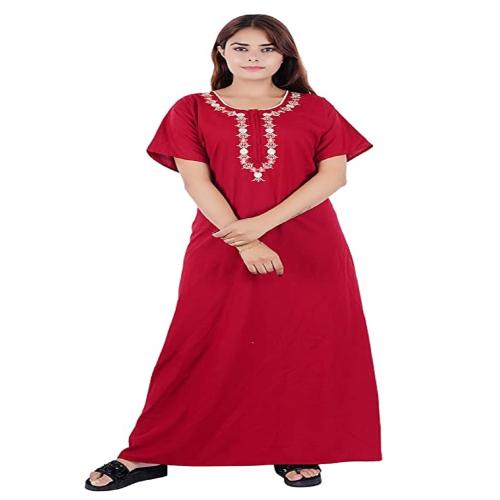 Kawam Women's Nylon Nighty | Printed Maxi Length Night Dress | Ladies Nightwear - Red