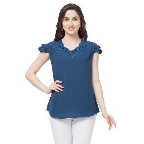 Go.4.it Women's Double Frill Cap Sleeves Top with Cutwork Embroidery On Neck