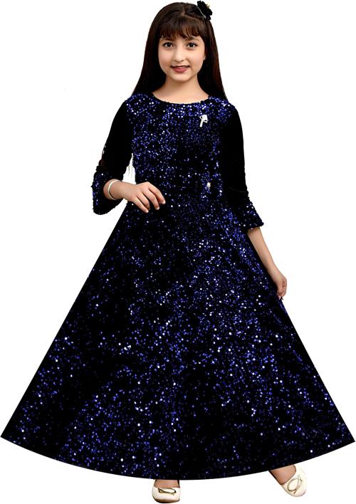 Roshni Garments Barbie Roshni Garments Girls Maxi/Full Length Party Dress  (Blue, 3/4 Sleeve) (13 - 14 Years)