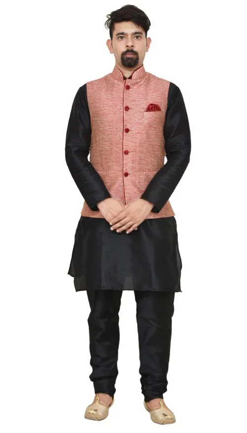 HFP Men's Black Matching Silk Kurta Churidhar With Pink Waistcoat