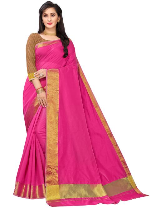 Leeza Store Women's Rani pink Cotton Blend Kerala Kasavu Solid Plain Golden Zari Border Saree With Blouse Piece